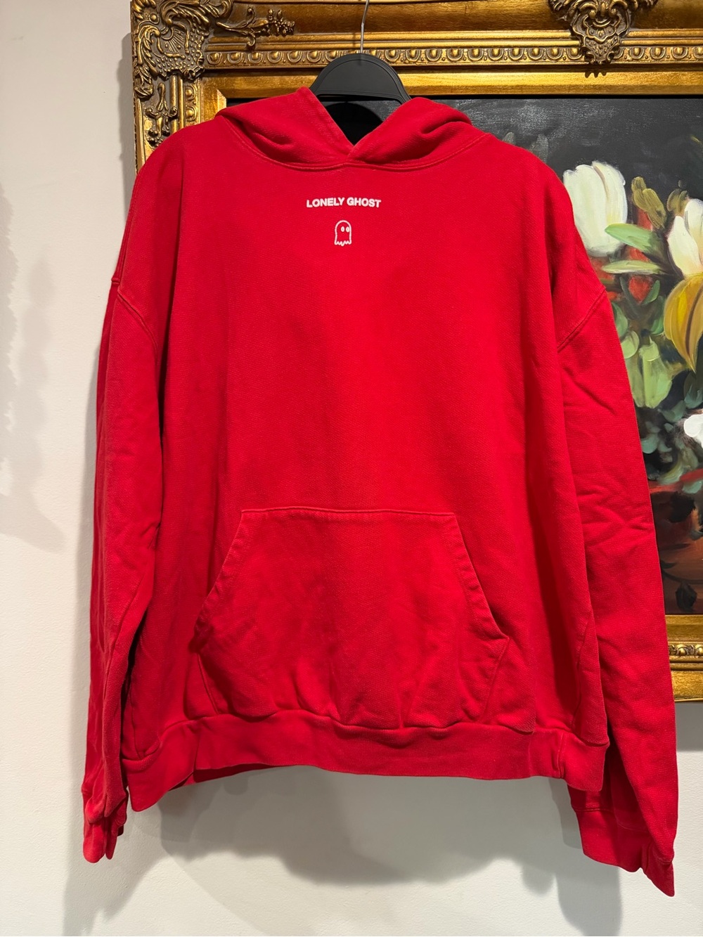 LONELY GHOST Red Pullover Hoodie with Mini White Logo
